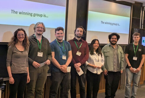 Winning team of ICMS Modelling Camp 2025 (left to right), Academic Facilitator Dr Lisa Kreusser (University of Bath) and postgraduate students Daniel Norman (University of Dundee), Adam Dunajski (University of Edinburgh), Leon Klingborg (University of St Andrews), Bao Khanh Nguyen (University of Edinburgh), Abraham Reyes-Valazquez (University of Manchester) and Jake Bowhay (University of Bristol).