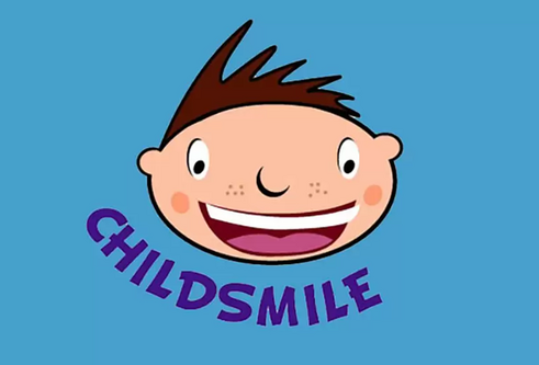 Childsmile logo, a blue background with an illustration of a childs smiling face with the word "childsmile" underneath.