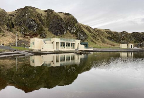 Pavilion on a gloomy day, overlooking a body of water