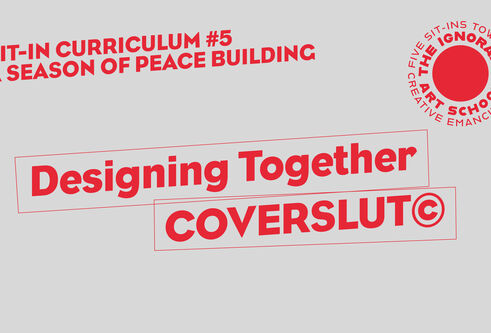Title slide in red and grey reads Designing Together COVERSLUT copyright - stretched diagonally across the screen in an irregular box