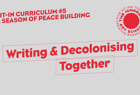 Title slide in red and grey reads Writing & Decolonising Together - stretched diagonally across the screen in an irregular box