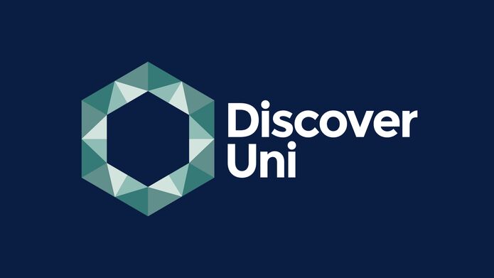 Hexagonal logo of Discover Uni on a dark blue background