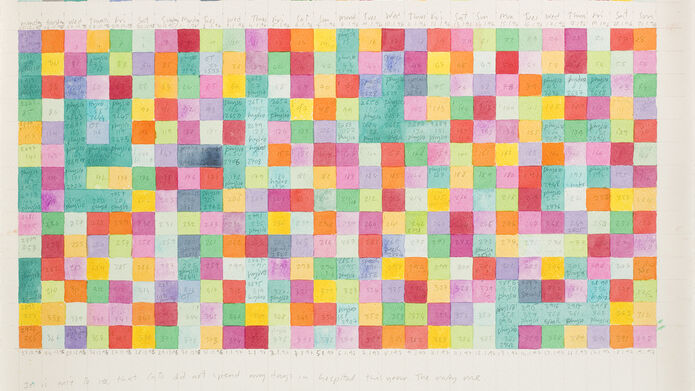 Watercolour drawing. Squares of colour forming a grid of colour blocks, with handwritten pencil notes