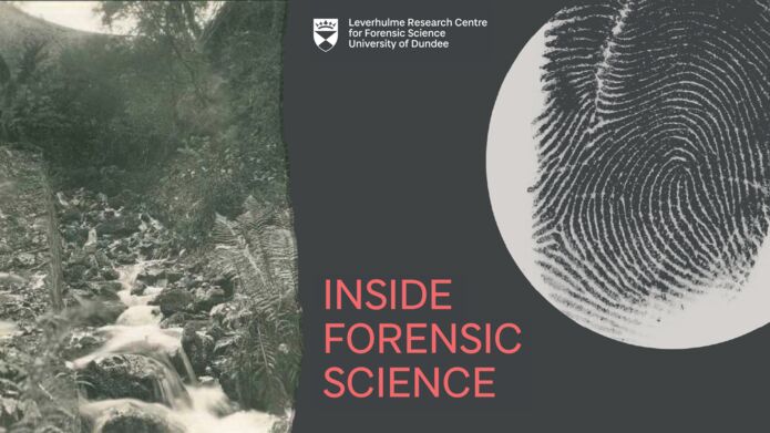 Inside Forensic Science banner for Series 4 showing a river bed with rocks on the left and a finger print to the right