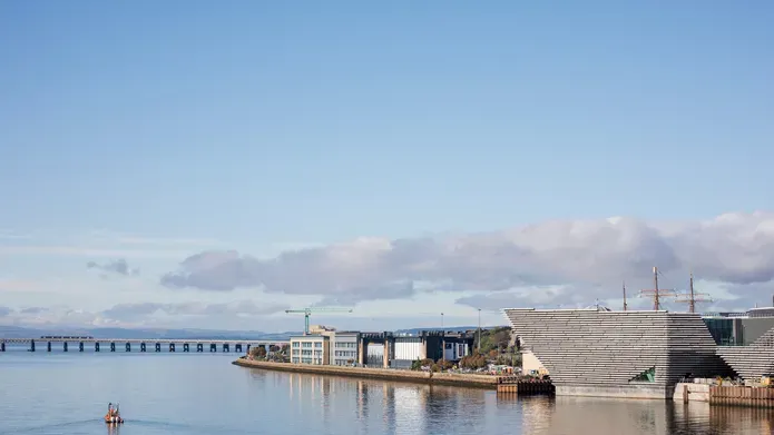 A view of the V&A Dundee and waterfront from the Tay Road Bridge