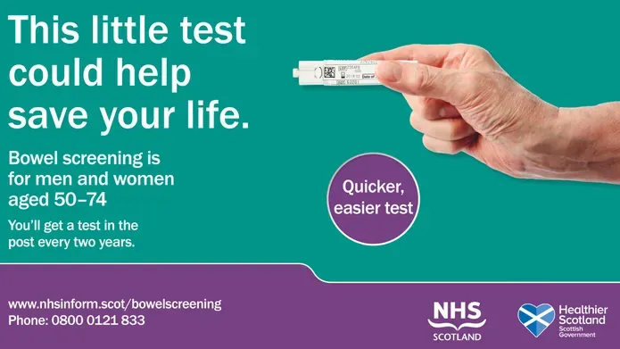 This little test could help save your life. Bowel screening is for men and women aged 50-74. You'll get a test in the post every 2 years