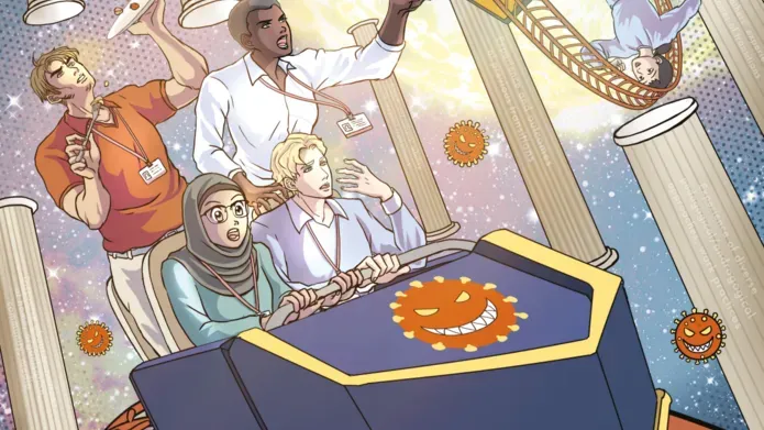 The cover of the comic, with the comic drawing showing three young healthcare graduates sat in a rollercoaster car, each with a worried expression on their face. Surrounding them are floating pillars and bacteria 'ball's which represent Covid.