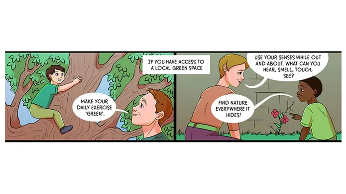 A comic strip showing children climbing in trees and others gardening.