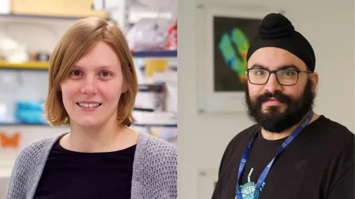 A composite image of two people. To the left a woman with a blonde bob, wearing a black top with grey cardigan smiling while stood in a lab. On the right a man with a dark brown beard, black rimmed glasses and black turban. He is wearing a black t-shirt with a logo and the word Fortnite on it. He is smiling.