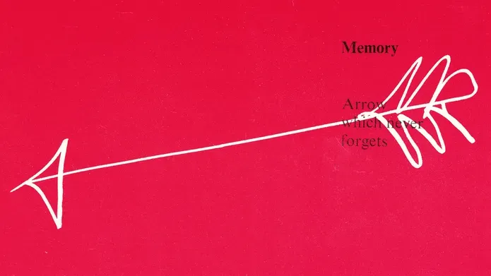 printed card by Ian Hamilton Finlay featuring an arrow with the text "Memory - Arrow which never forgets"