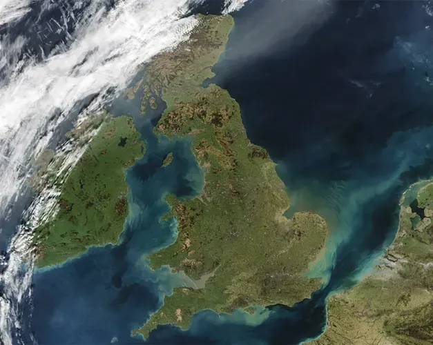 A satellite image of the earth from space, centred on the UK