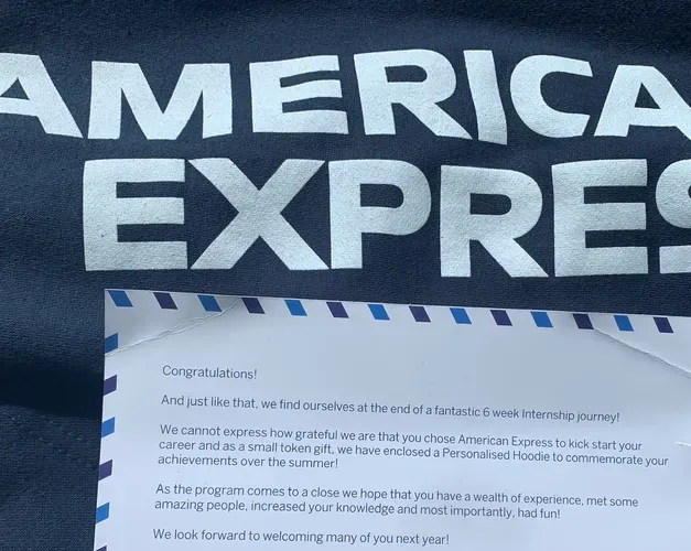 a card from American Express congratulating Angus on his internship