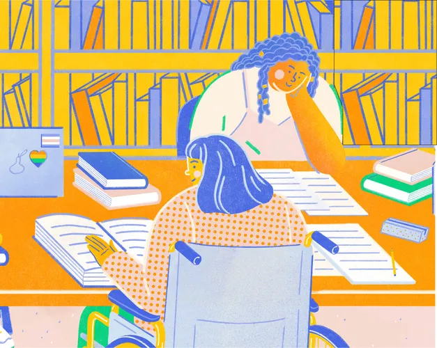 Illustration of a diverse set of students working in a library