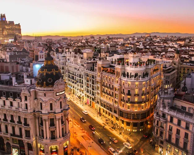 A dusk overhead photo looking down Gran Vía, Madrid