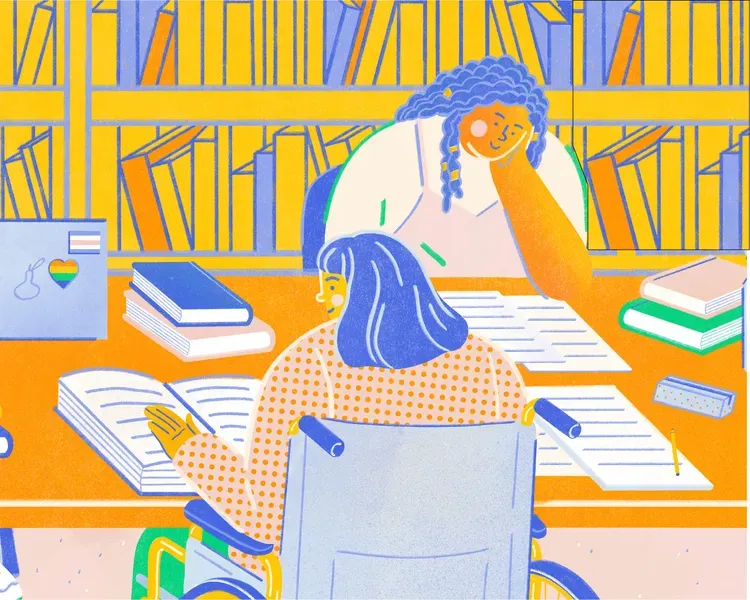 Illustration of a diverse set of students working in a library