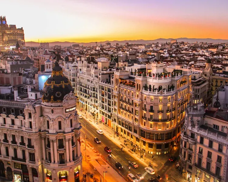 A dusk overhead photo looking down Gran Vía, Madrid