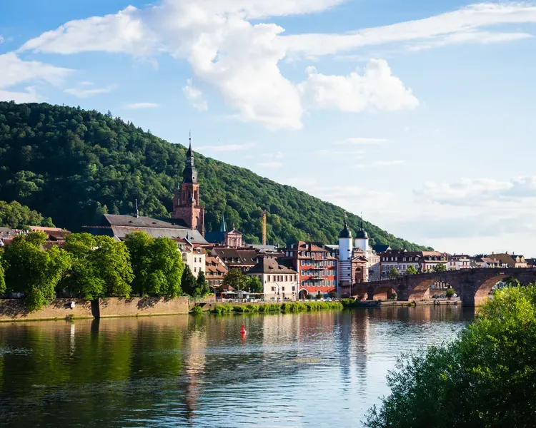 The riverside city of Heidelberg in German with traditional German buildings surrounded by trees and a bridge crossing the river
