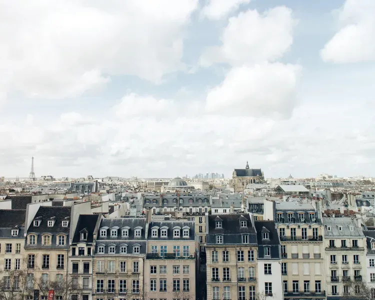 View over rooftops of traditional Parisian apartment buildings