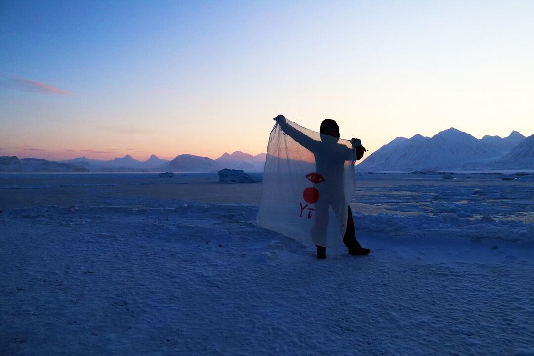a person holding a flag in the snow