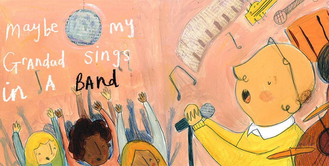 an illustration with a man singing into a microphone