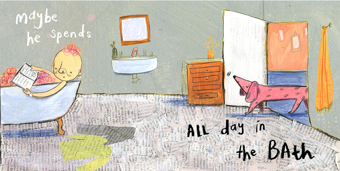 an illustration of a man in the bath and a dog walking through a door
