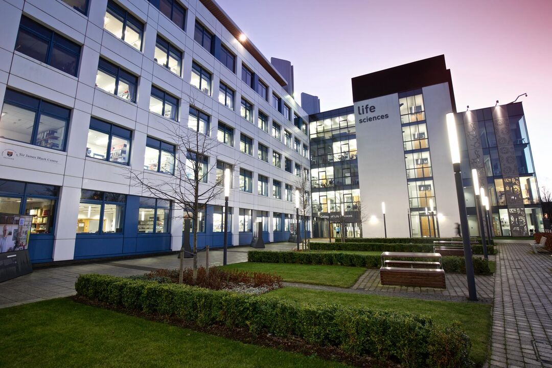 The main entrance of the Life Sciences building on the university campus at dusk