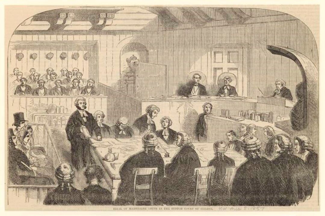 Sketch of the courtroom from the Madeleine Smith trial. Showing Madeleine sat in the dock, advocates in the foreground and the Judge.