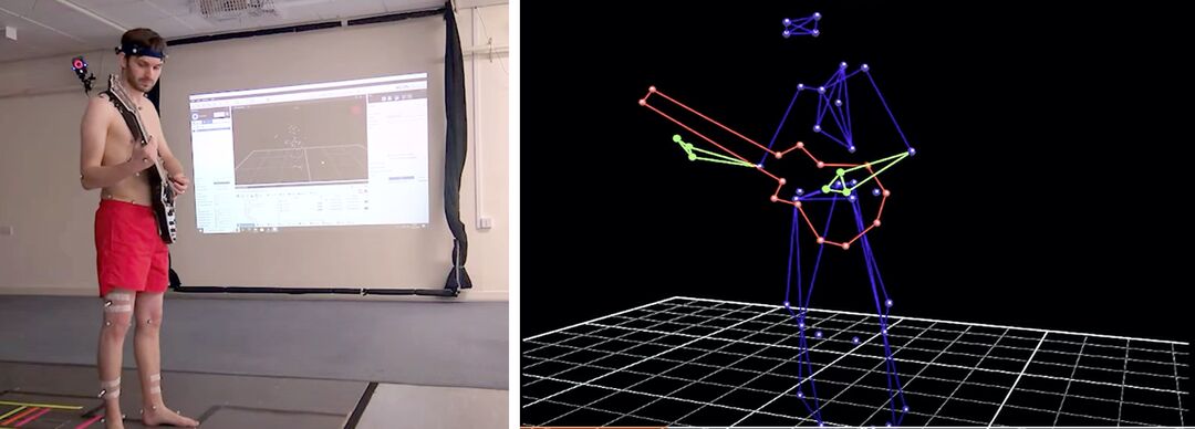 Alan Duncan playing his guitar with sensors on his limbs to track his movements for the music video.