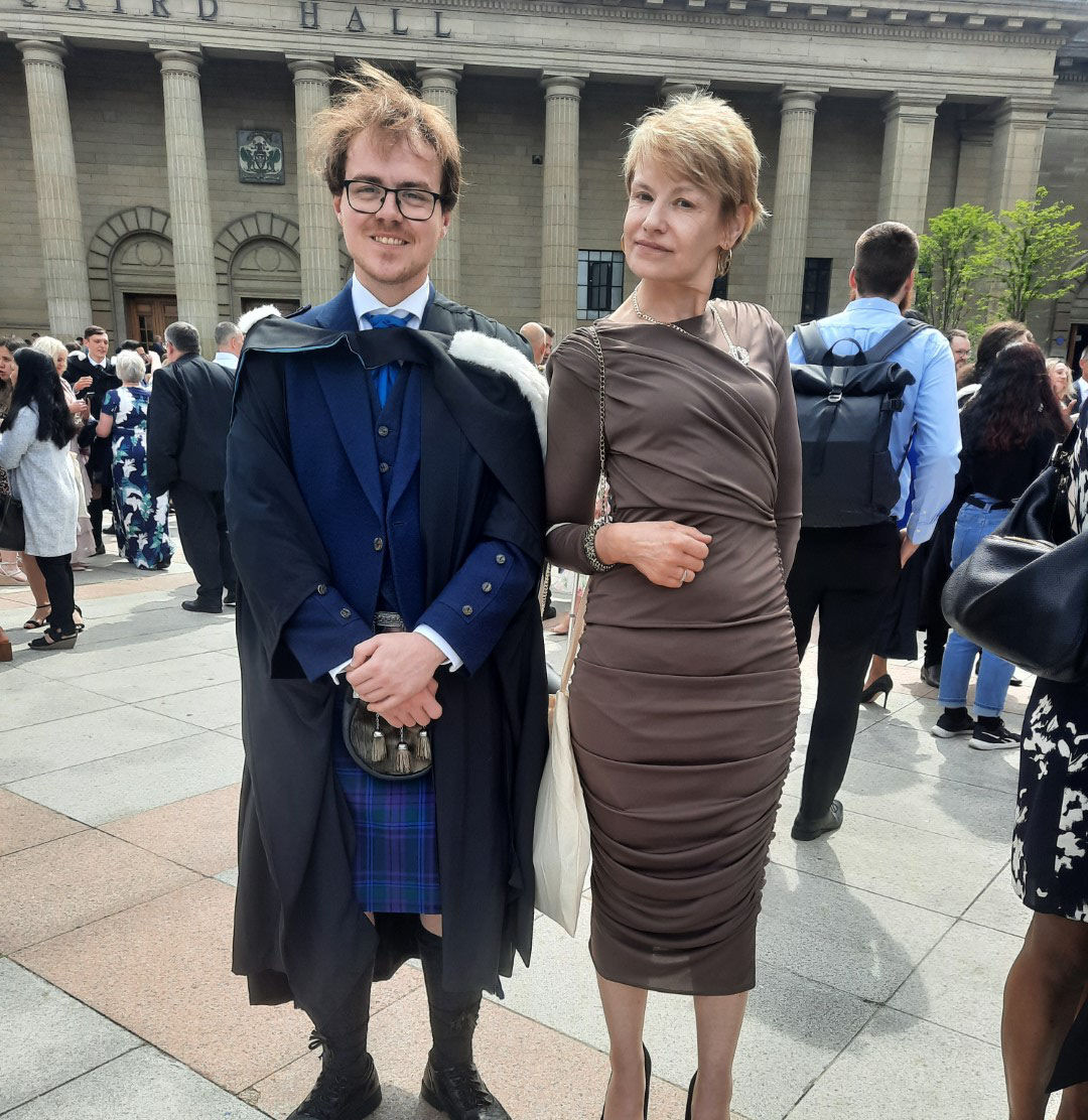 Kaine Bisset and his mum stood outside Caird hall on Graduation day 