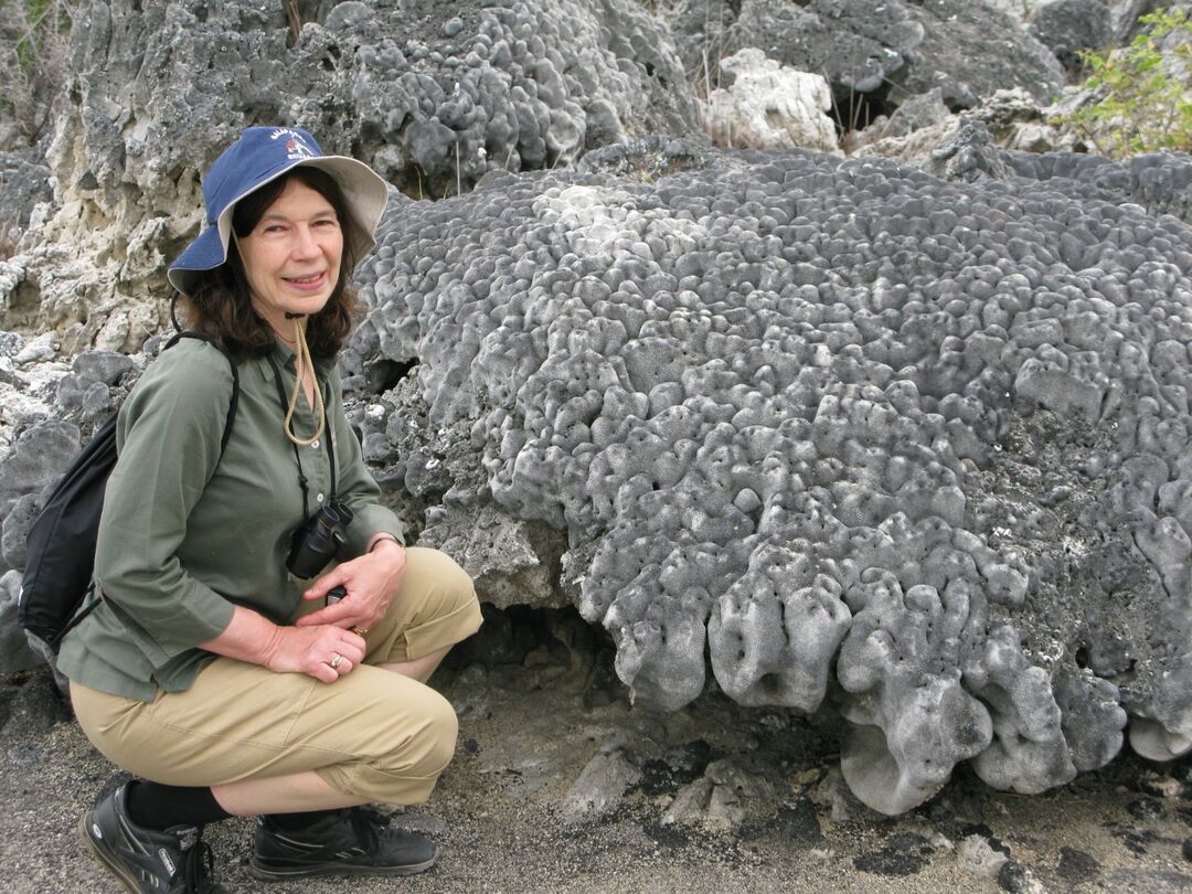 Tricia crouched down wearing a hat and binoculars net to a stone formation 
