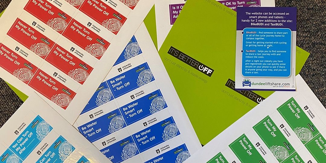 A set of labels advertising sustainability initiatives