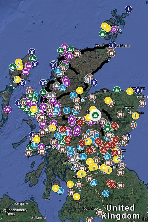 map of scotland with pins showing places visited