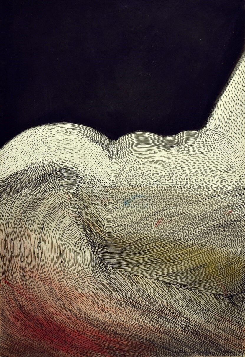 Ink and gouache painting, a light mass covers the bottom two thirds of the page, the top third is dark.