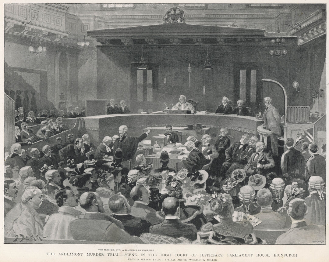 The Ardlamont murder trial - a scene in the High Court of Justiciary, Parliament House, Edinburgh. The prisoner sits towards the front with a policeman on either side. 