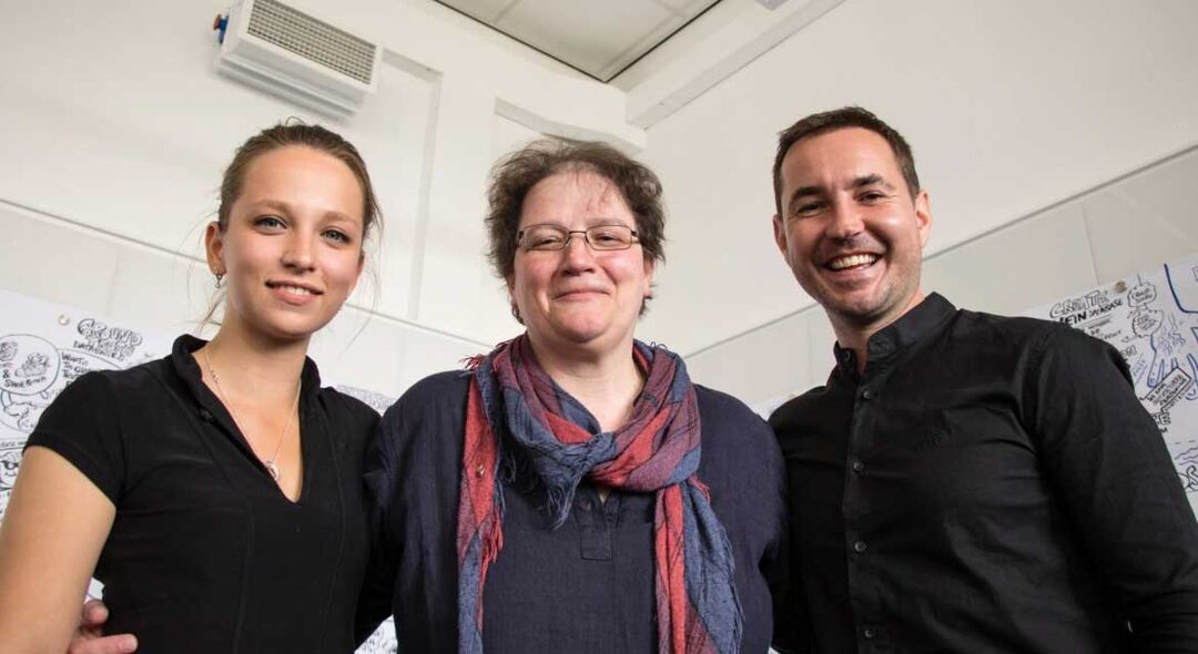 Professor Niamh Nic Daéid with BBC drama Traces cast members Molly Windsor and Martin Compston