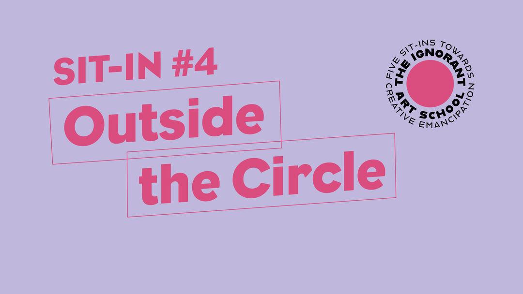 Lavender box with with a pink circular logo reading The Ignorant Art School Five Sit-ins Towards Emancipation