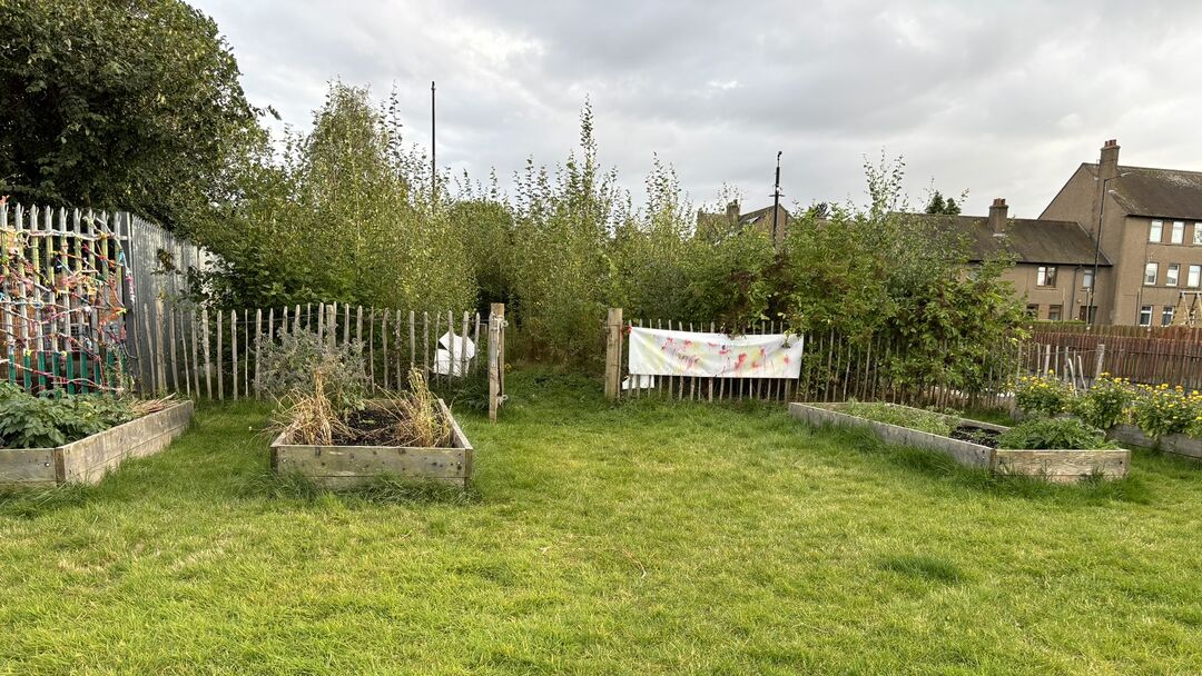 grassy area with fence across centre of image, raised flower beds near to fence and trees behind the fence 