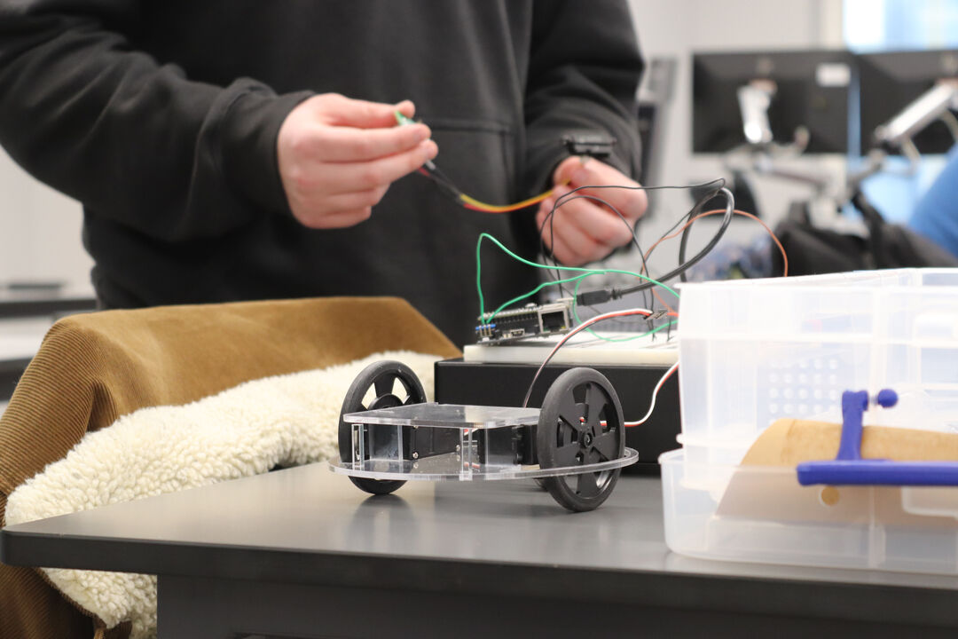 Close-up view of obstacle-avoidance autonomous vehicle created by engineering students at the University of Dundee.