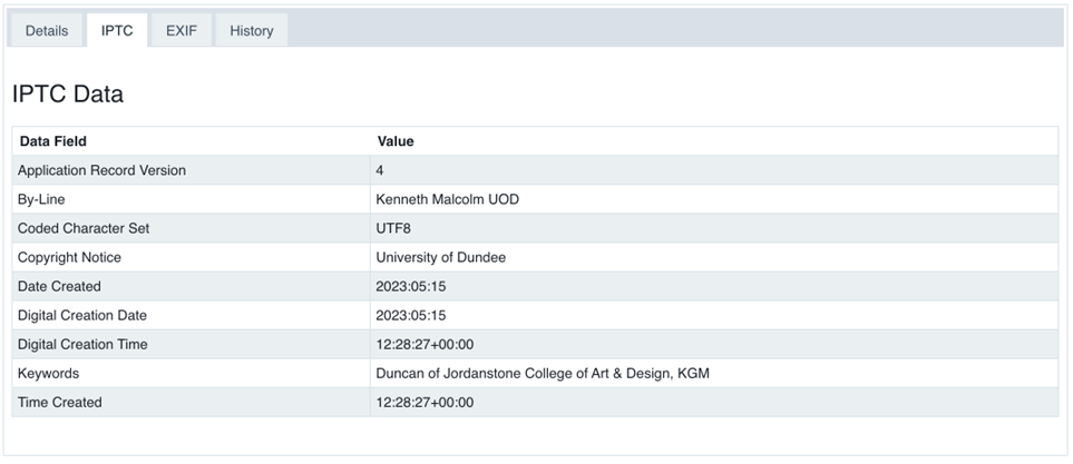 Screenshot to show metadata of an image