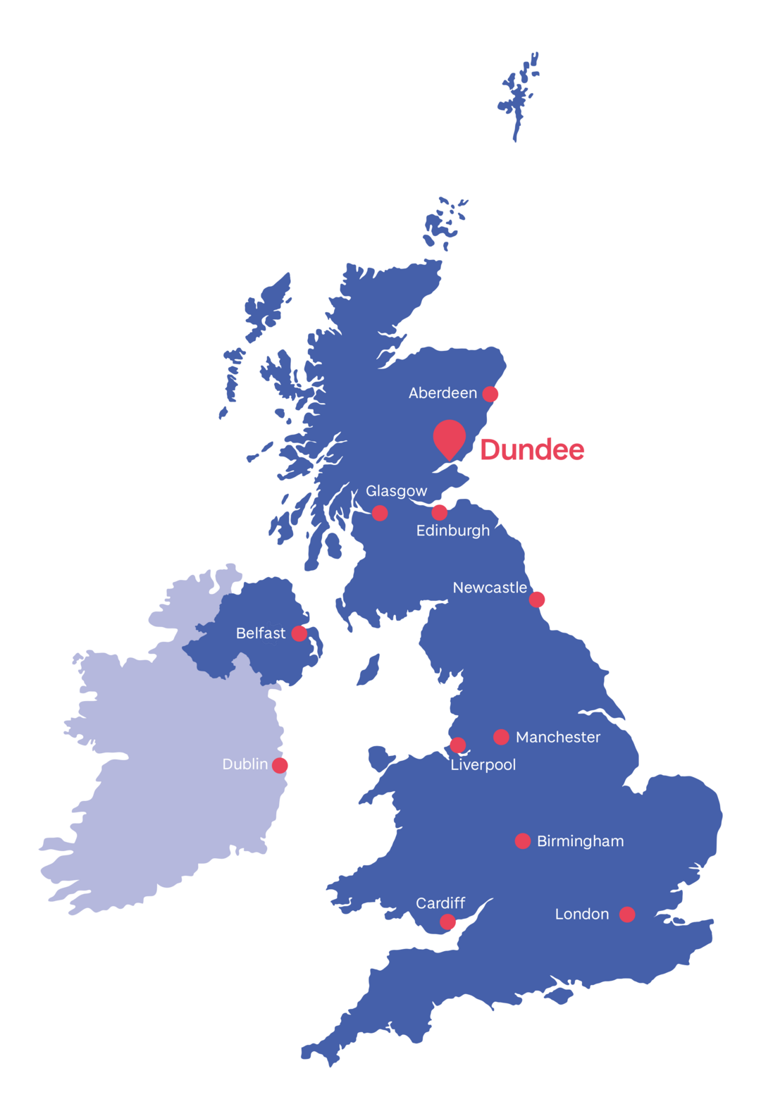 A map of the British Isles, showing major cities including Dundee