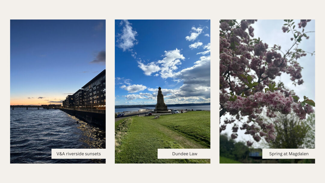 A collage of three images: the first shows the Dundee riverside in the evening, the middle is on top of a hill there is a large statue and cars parked and the third shows cherry blossoms on a tree.
