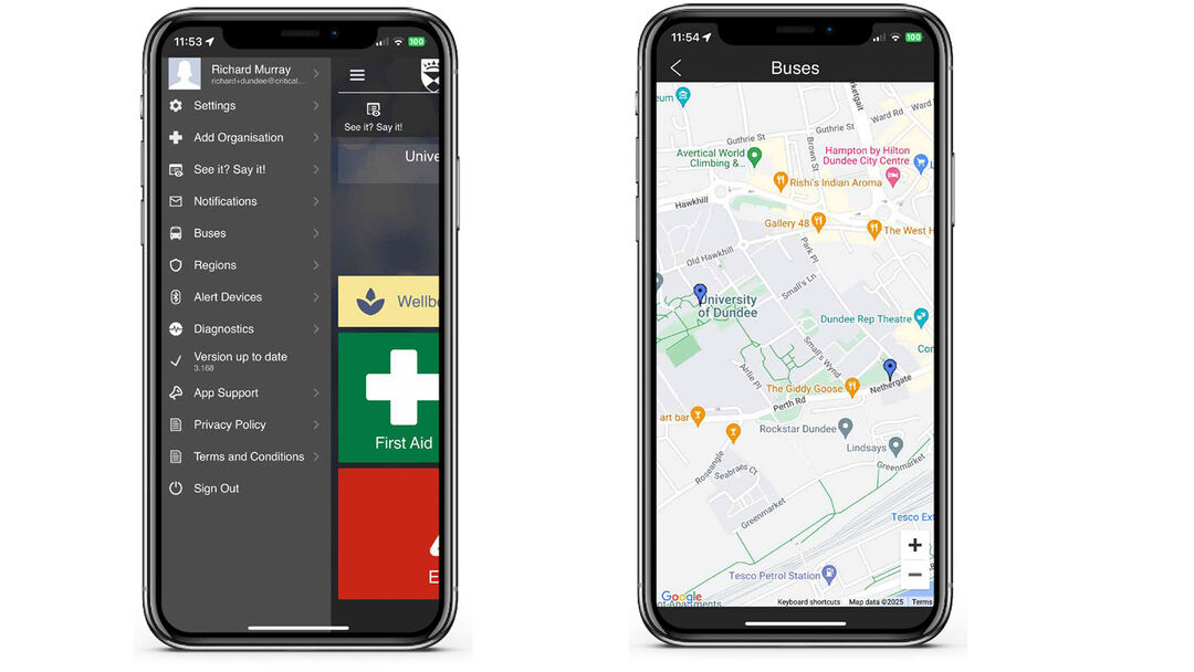 Menu on SafeZone app for Buses information and location of buses on a map
