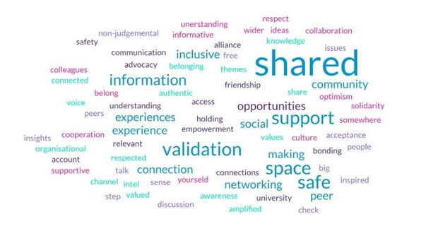 Mainstream report showing word clouds. Largest words are shared, support, validation, information, space, safe