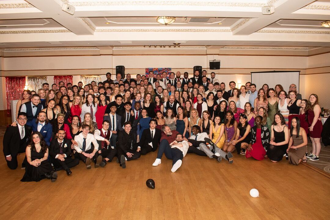 A group shot of the University of Dundee's volleyball group attending a ceilidh in 2025