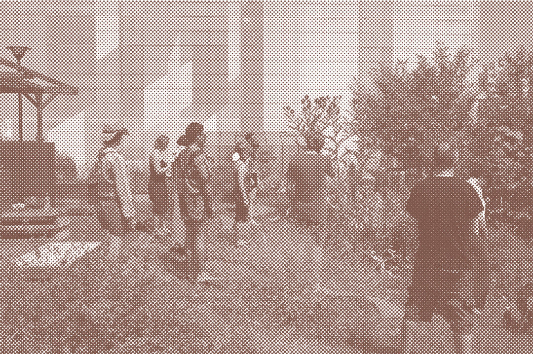 Sepia toned photograph of people standing together in a garden